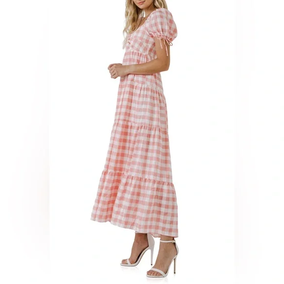 English Factory Gingham Knot Tiered Cotton Blend Midi Dress small - Picture 4 of 9